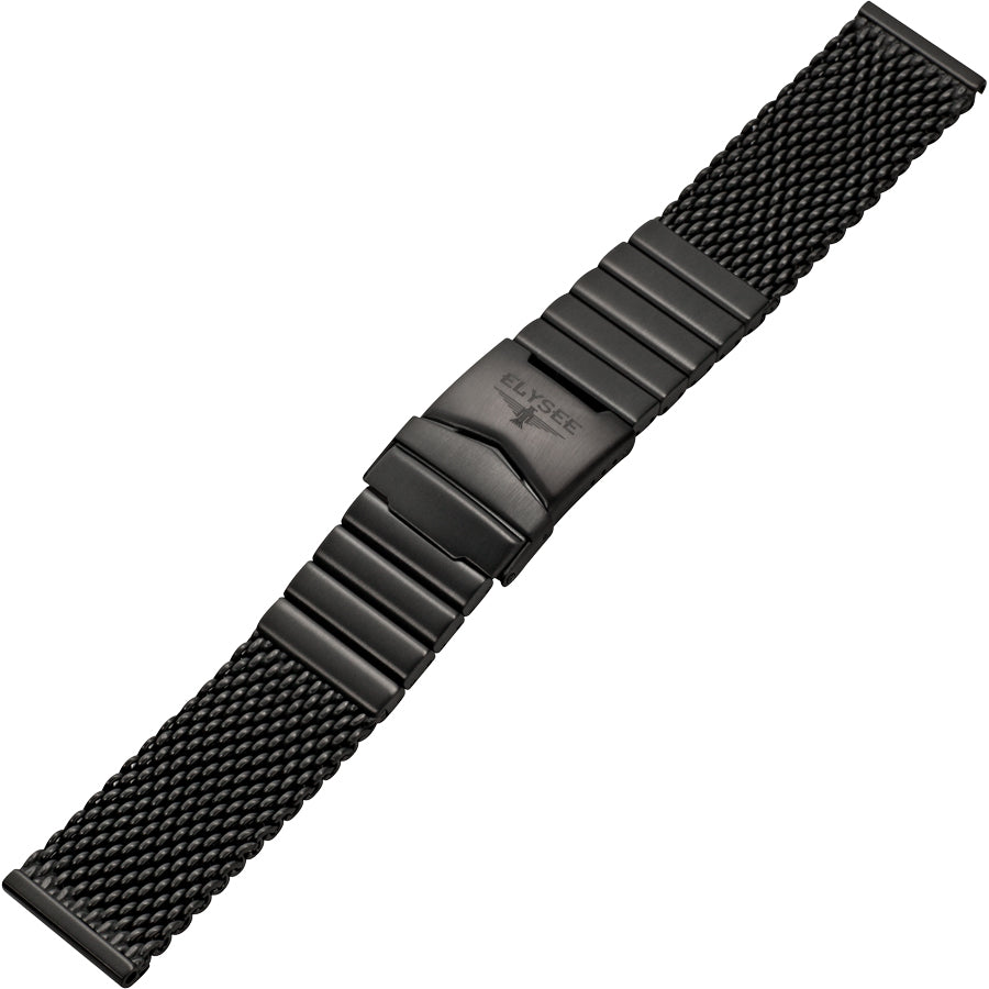 Uhrenarmband - Grobmaschiges Milanaise-Armband aus matt schwarzem Edelstahl  mit Sicherheits-Faltschließe - 24 mm - The Magpie – Elysee Uhren