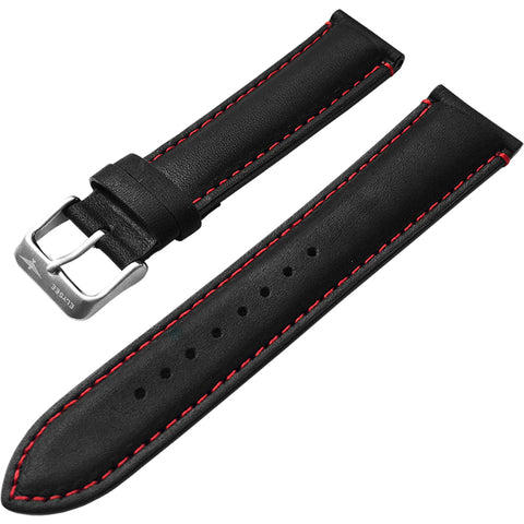Watch strap - High-quality leather strap with red stitching and pin buckle, black - 22 mm