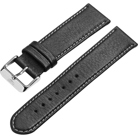 Watch band - Fine-pored, smooth leather strap with pin buckle, black - 20 mm