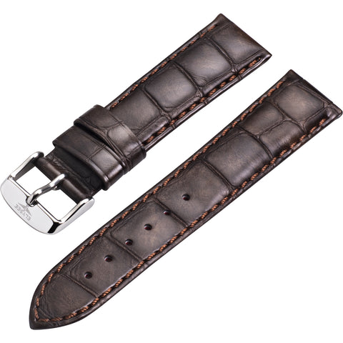 Watch strap - High-quality leather strap in crocodile look with pin buckle, brown - 20 mm