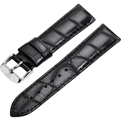 Watch strap - High-quality leather strap in crocodile look with pin buckle, black - 20 mm