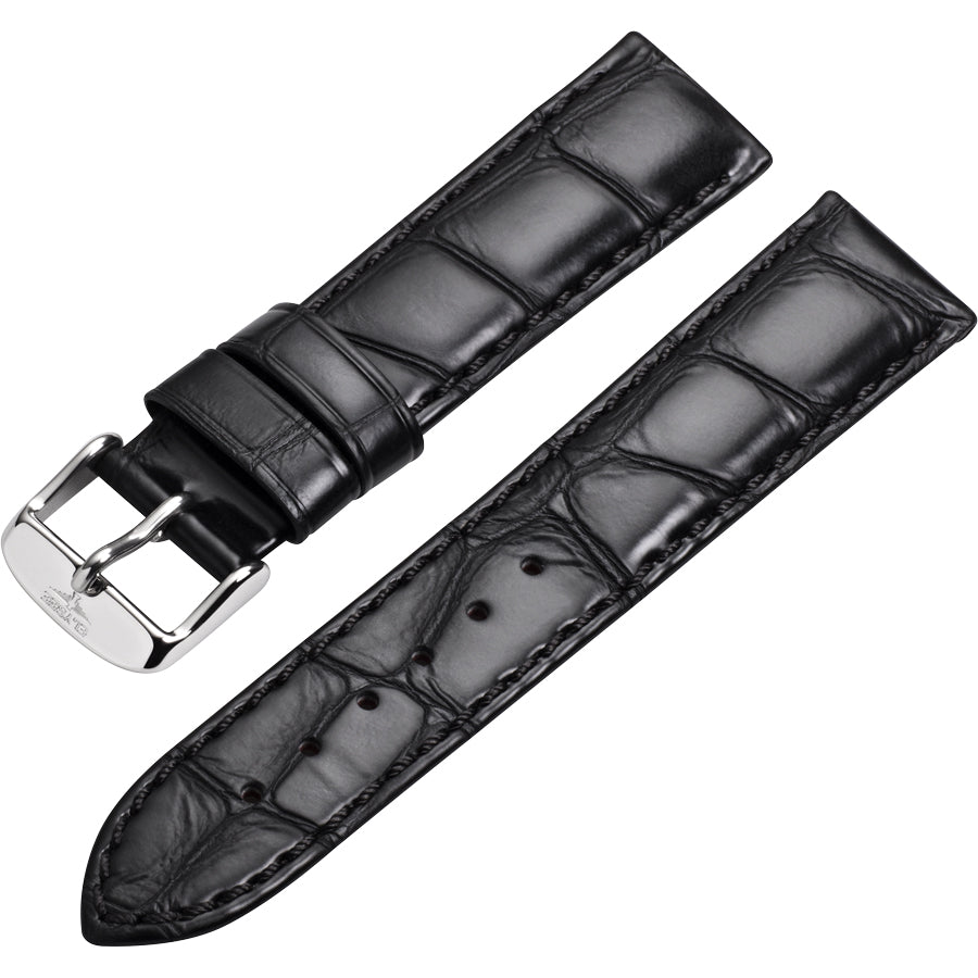 Uhrenarmband - Hochwertiges Lederarmband in Kroko-Optik mit Dornschließe, Schwarz - 16 mm