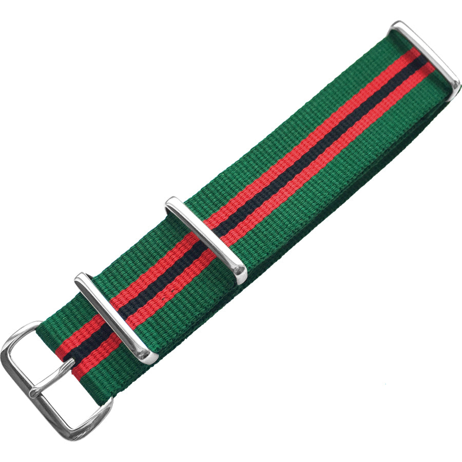 Uhrenarmband - Mehrfarbiges Natoband aus Nylon mit Dornschließe, Olivgrün/Rot/Blau - 22 mm