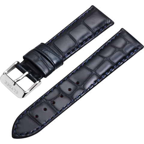Watch strap - High-quality leather strap in crocodile look with pin buckle and blue stitching, black - 20 mm